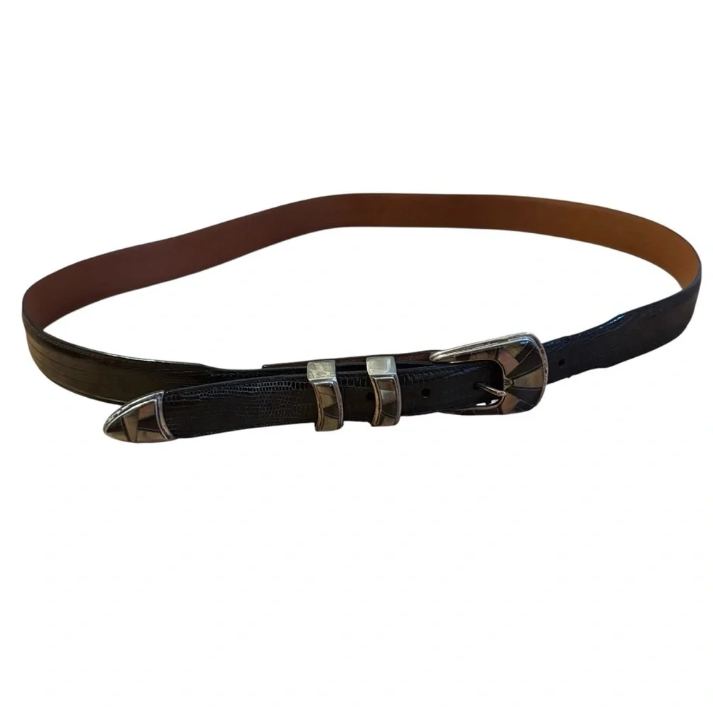 JW Cooper .925 Sterling Opal Inlay Black Lizard Skin Belt Size 44
